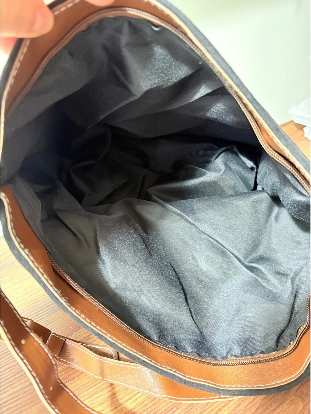 Black Suede and Brown Vegan Leather Shoulder Bag with Adjustable Strap